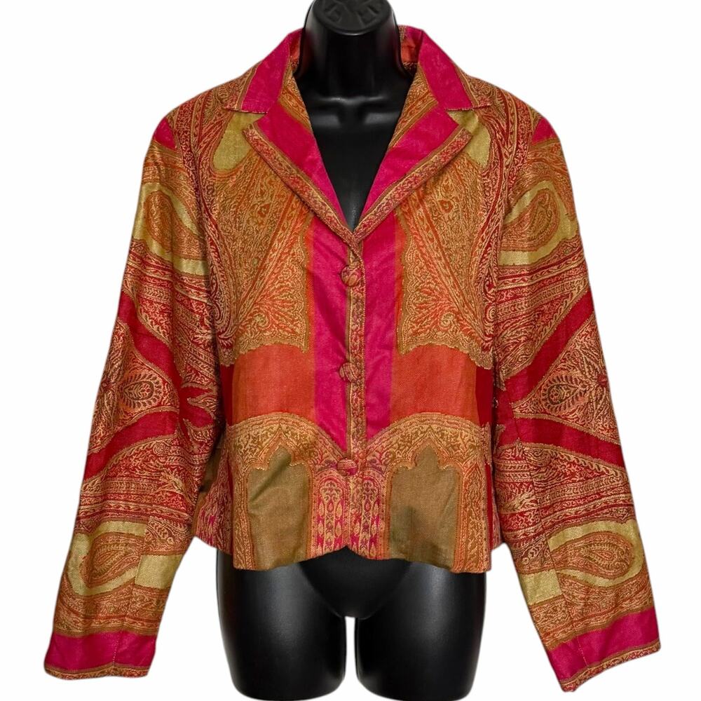 Vintage A.B. Lambdin Paisley Boho Jacket Blazer Pink Gold Viscose India XL